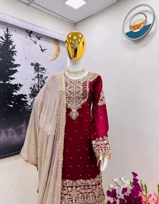 Karva Chauth Special Heavy Chinon Silk Embroidered Sharara Set with Dupatta